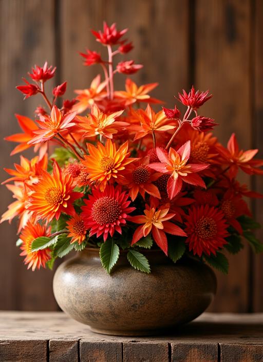 紅葉した日本のカエデの葉と菊を使った秋のアレンジメント。