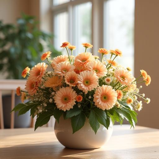 高齢者ケア施設の共有スペース向けにデザインされた、明るい季節の花のアレンジメント。